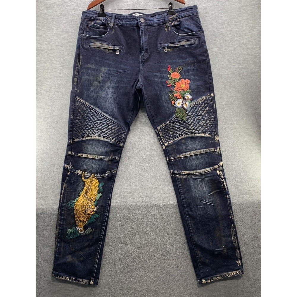 Embellish Men's Dark Blue Denim Castellano Quilted Biker Jeans Size 42 (A8)